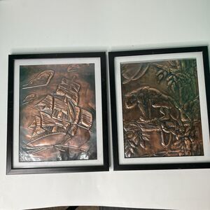 Vintage Two Raised Hammered Tooled Copper Wall Hangings Pirate Ship & Panther
